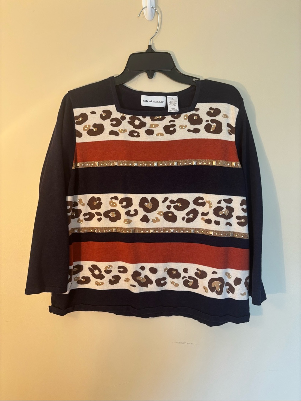 Alfred Dunner Navy, Rust & Ivory Leopard Stripe Crewneck Sweater